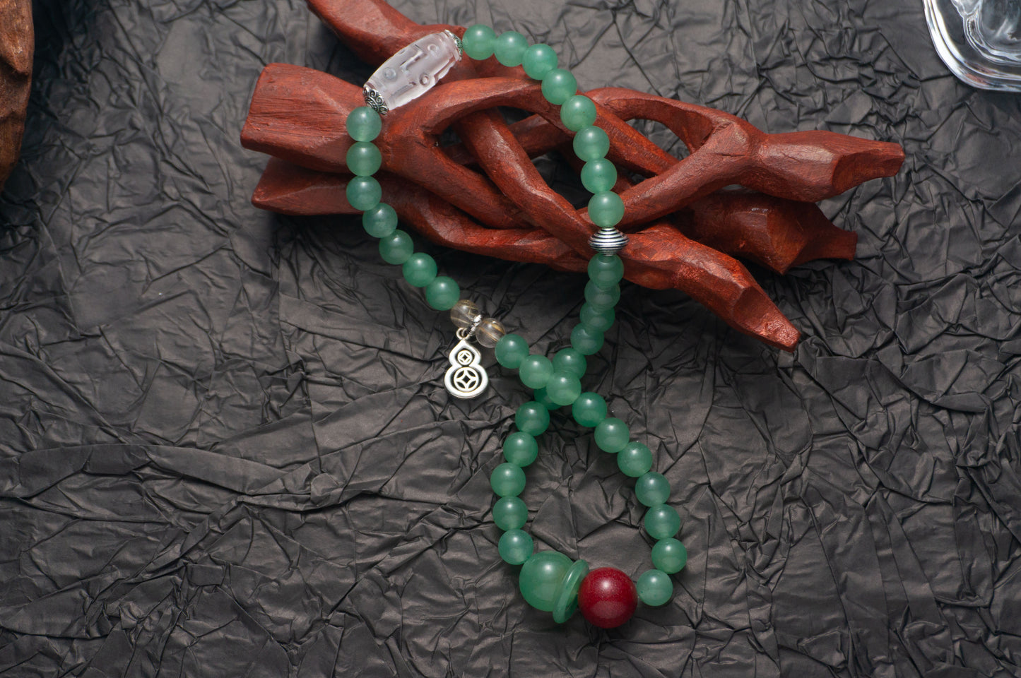 Handmade Dongling Jade bracelet with Cinnabar and Tibetan Dzi Bead