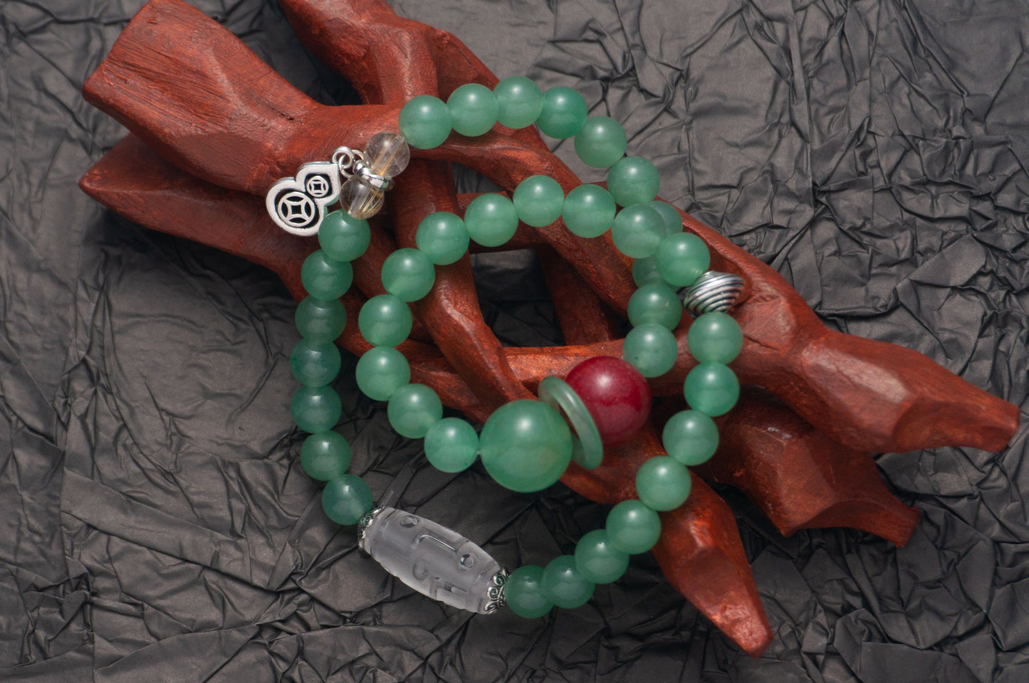 Handmade Dongling Jade bracelet with Cinnabar and Tibetan Dzi Bead
