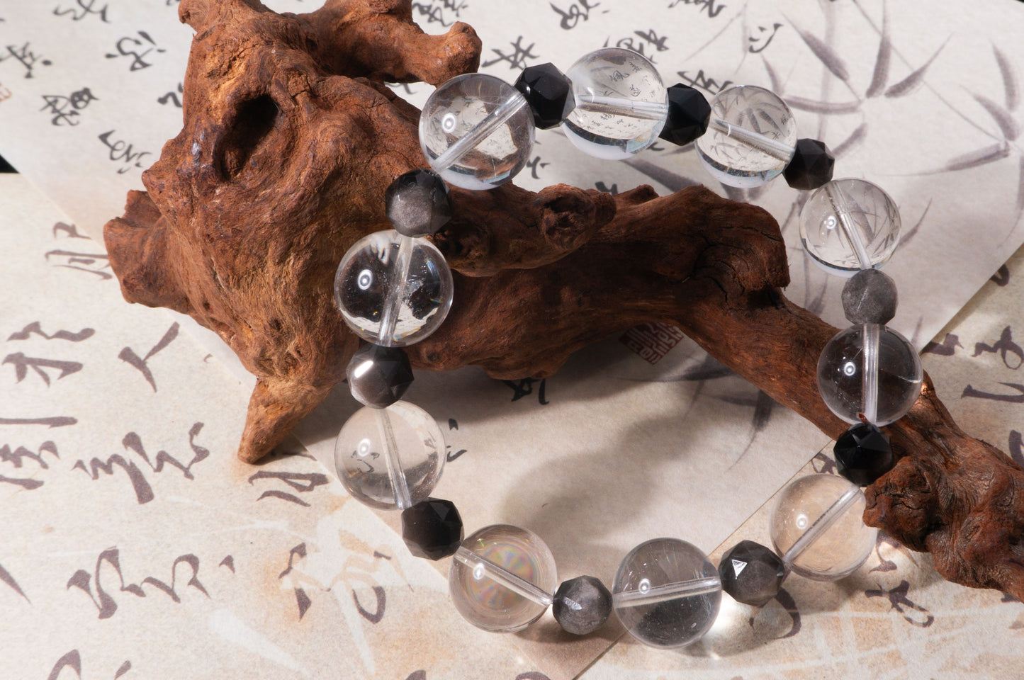 Handmade  Silver Obsidian and Clear Quartz Spirit Healing Bracelet