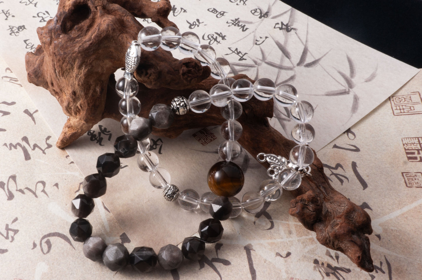 Handmade  Tiger's Eye Black and White Crystal Double Loop Energy Bracelet