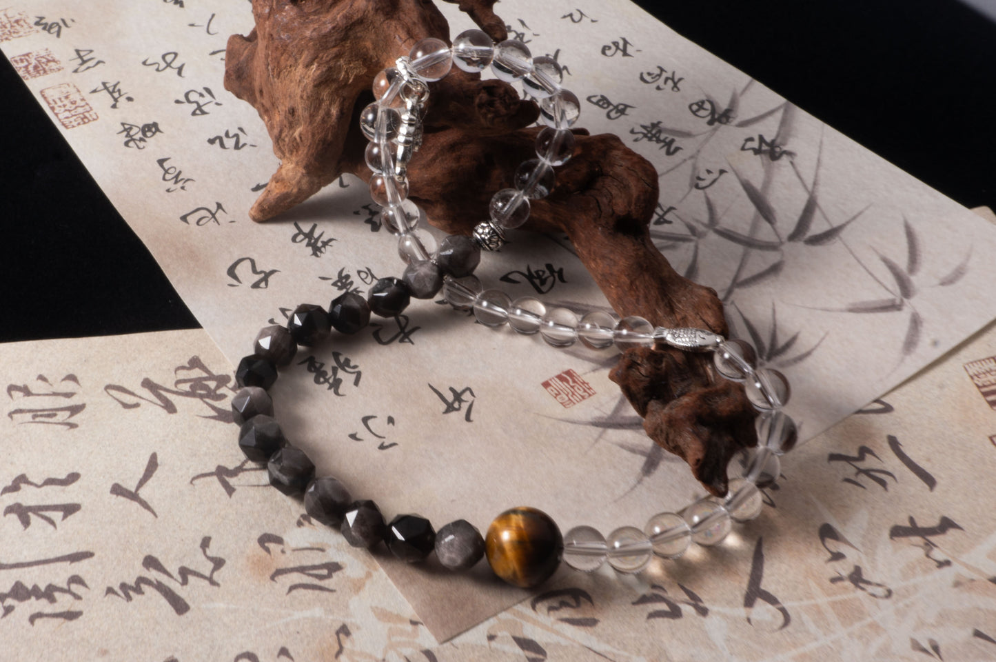 Handmade  Tiger's Eye Black and White Crystal Double Loop Energy Bracelet