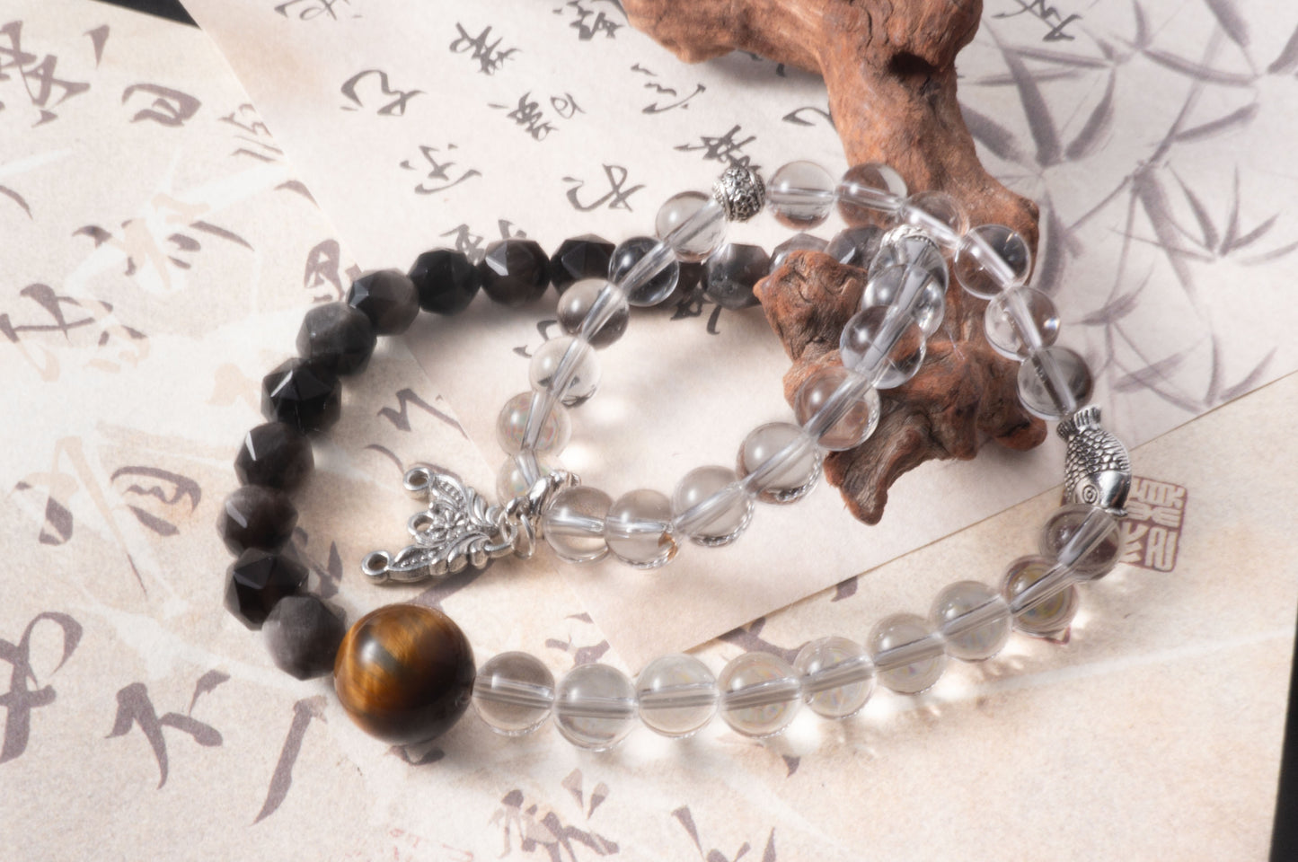 Handmade  Tiger's Eye Black and White Crystal Double Loop Energy Bracelet
