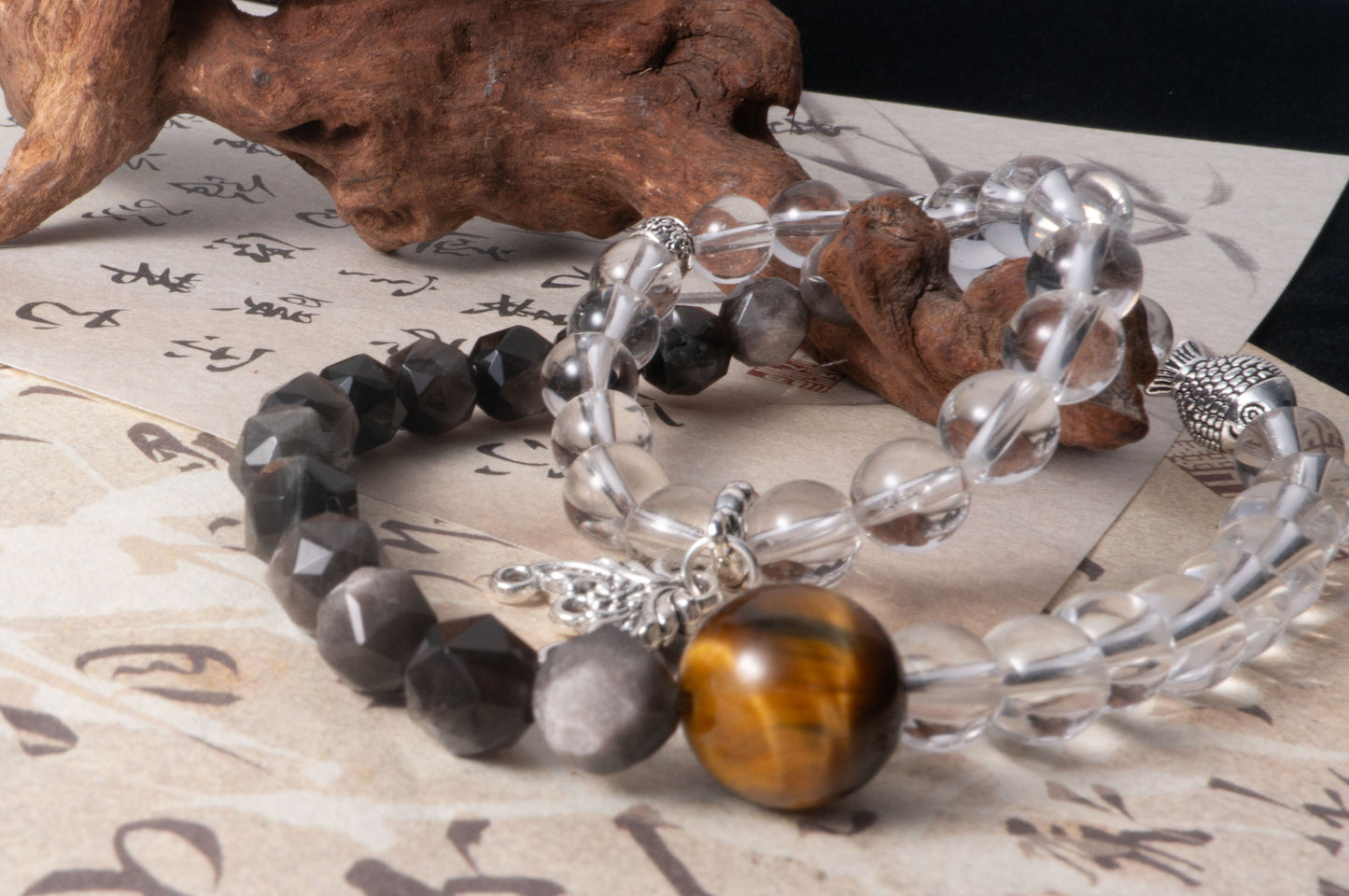 Handmade  Tiger's Eye Black and White Crystal Double Loop Energy Bracelet