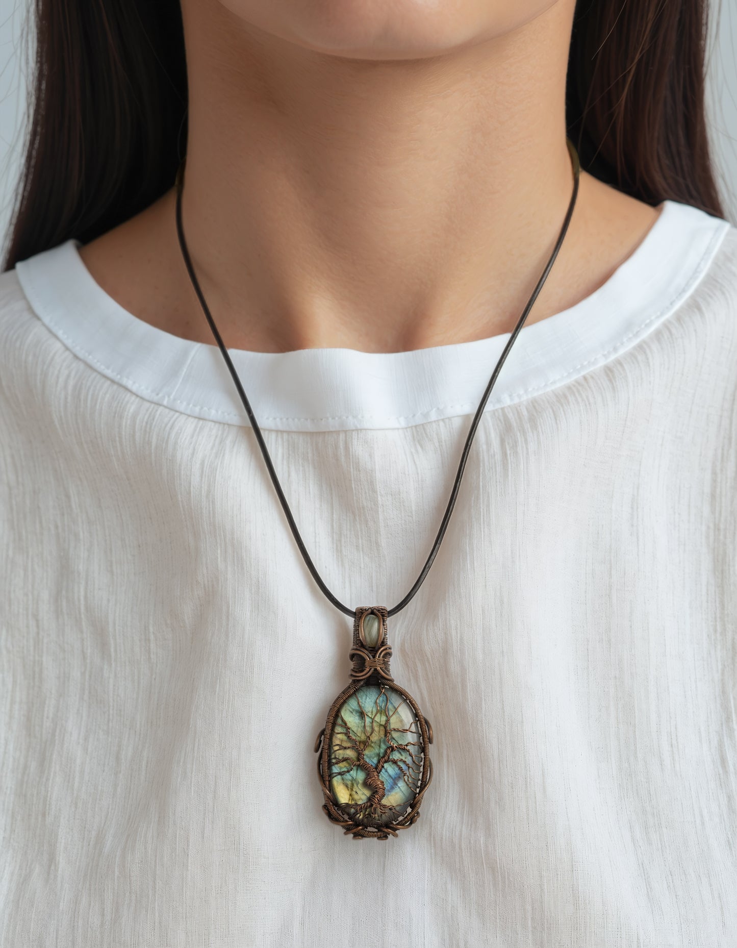 Handmade Oval Labradorite Necklace with Tree of Life