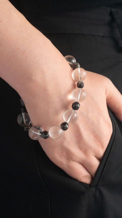 Handmade  Silver Obsidian and Clear Quartz Spirit Healing Bracelet
