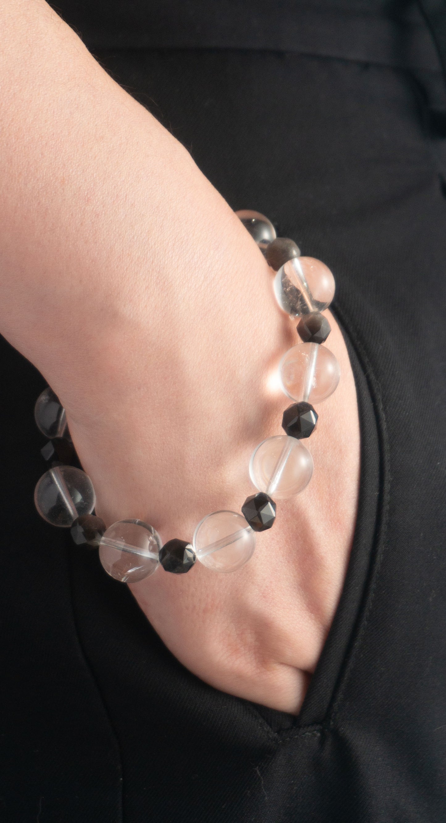 Handmade  Silver Obsidian and Clear Quartz Spirit Healing Bracelet