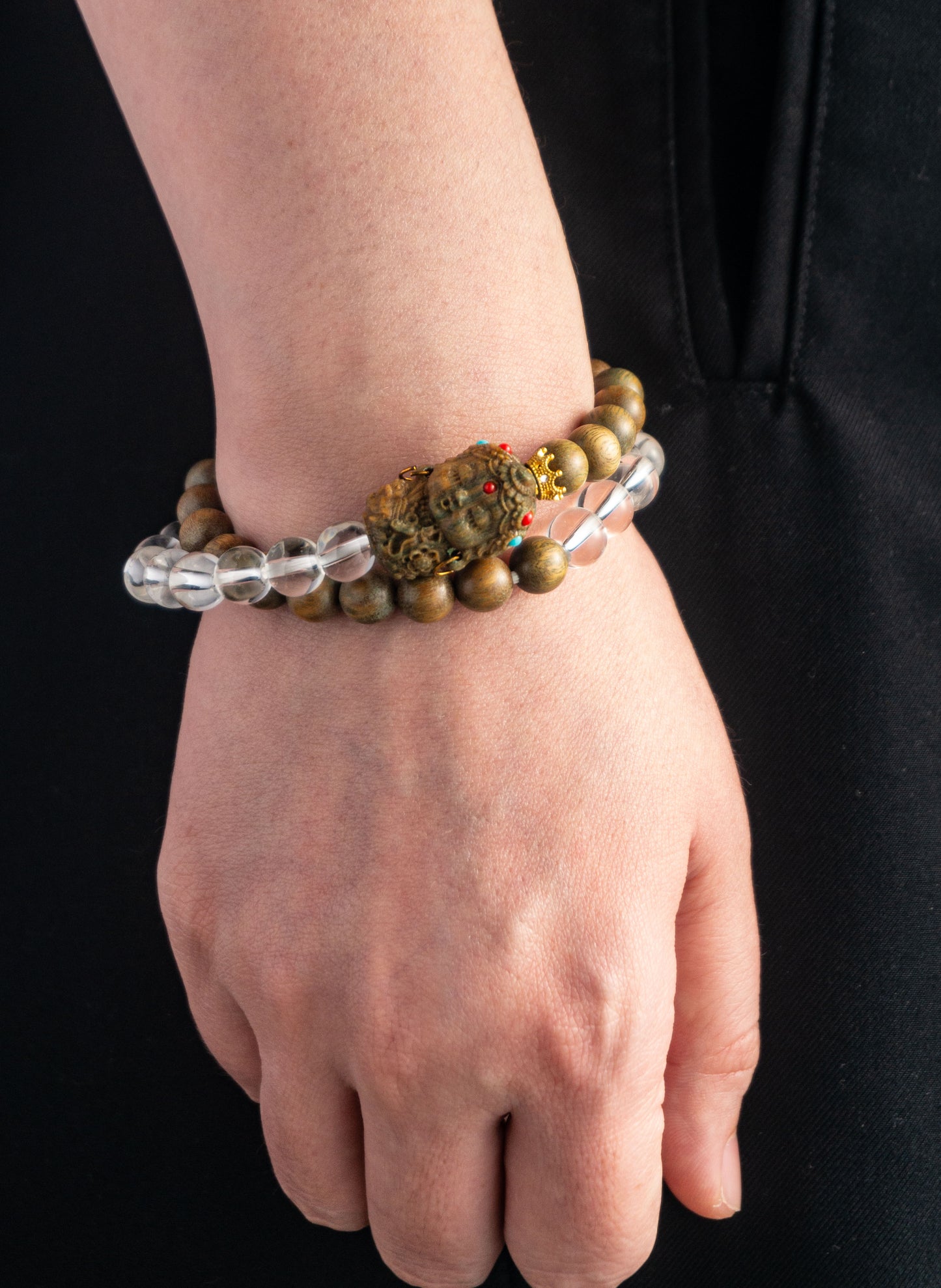 Crystal and Wood Double Loop Bracelet
