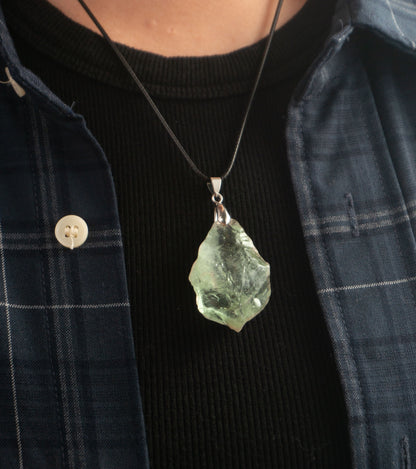 Clear Quartz Raw Stone Pendant  with Green Glow