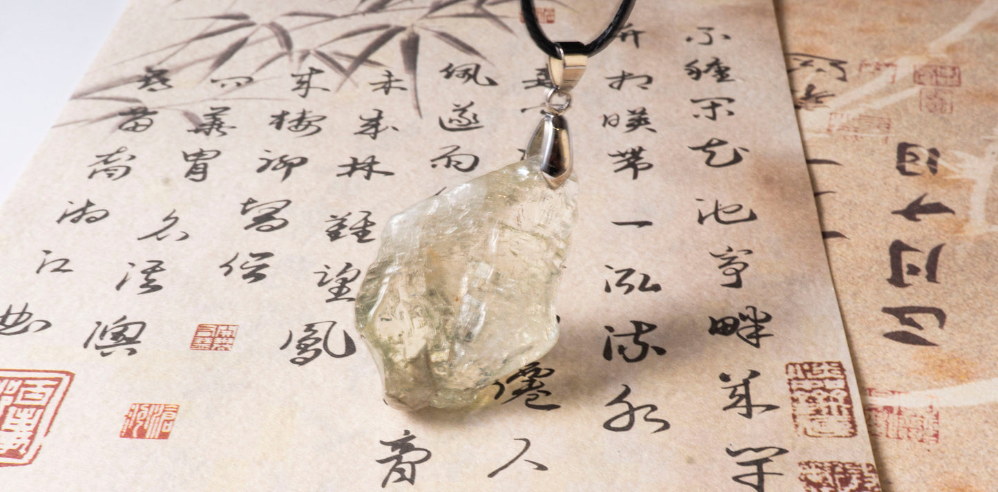 Clear Quartz Raw Stone Pendant  with Green Glow