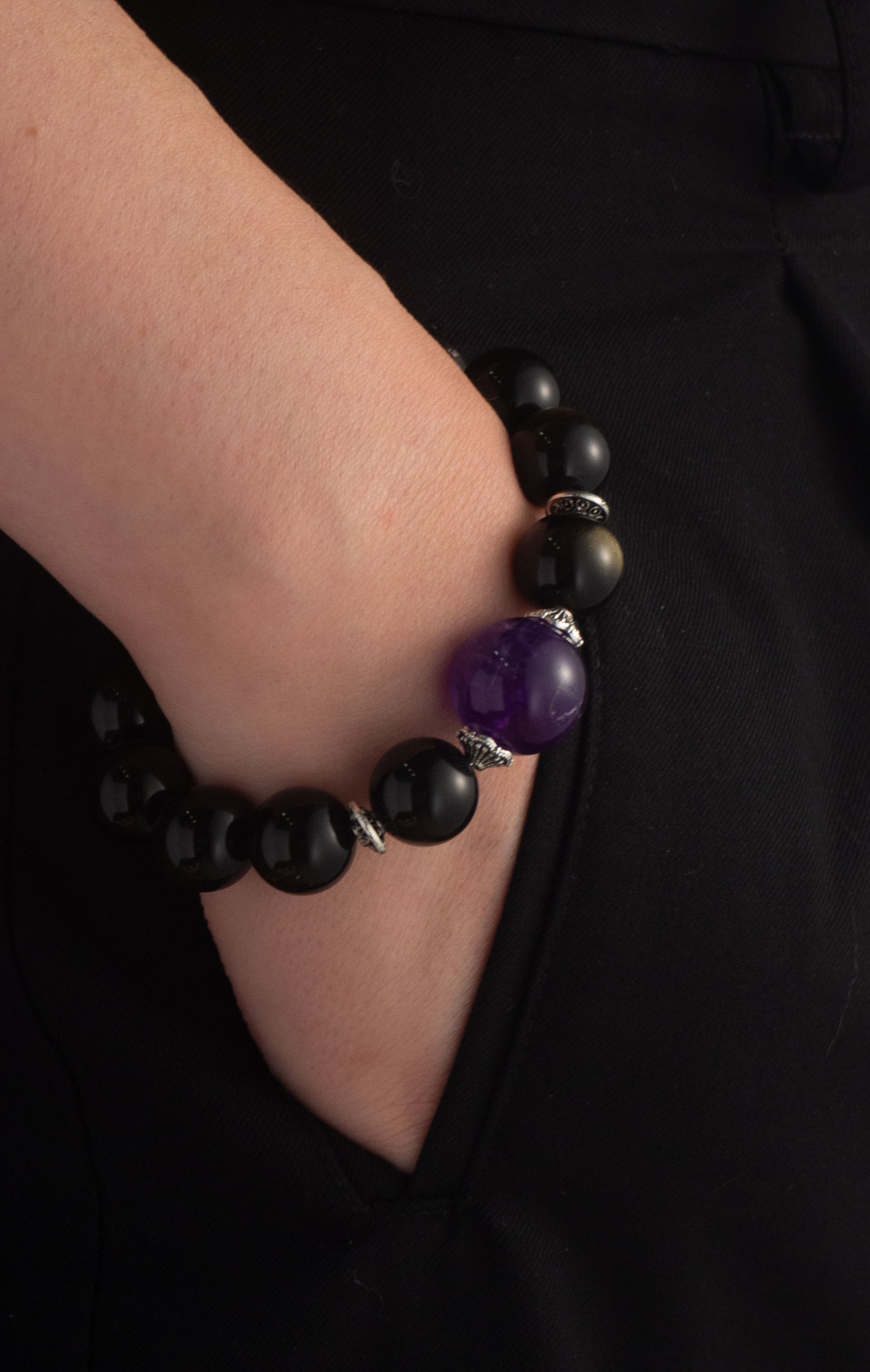 Handmade Amethyst and Obsidian Fortune Bracelet